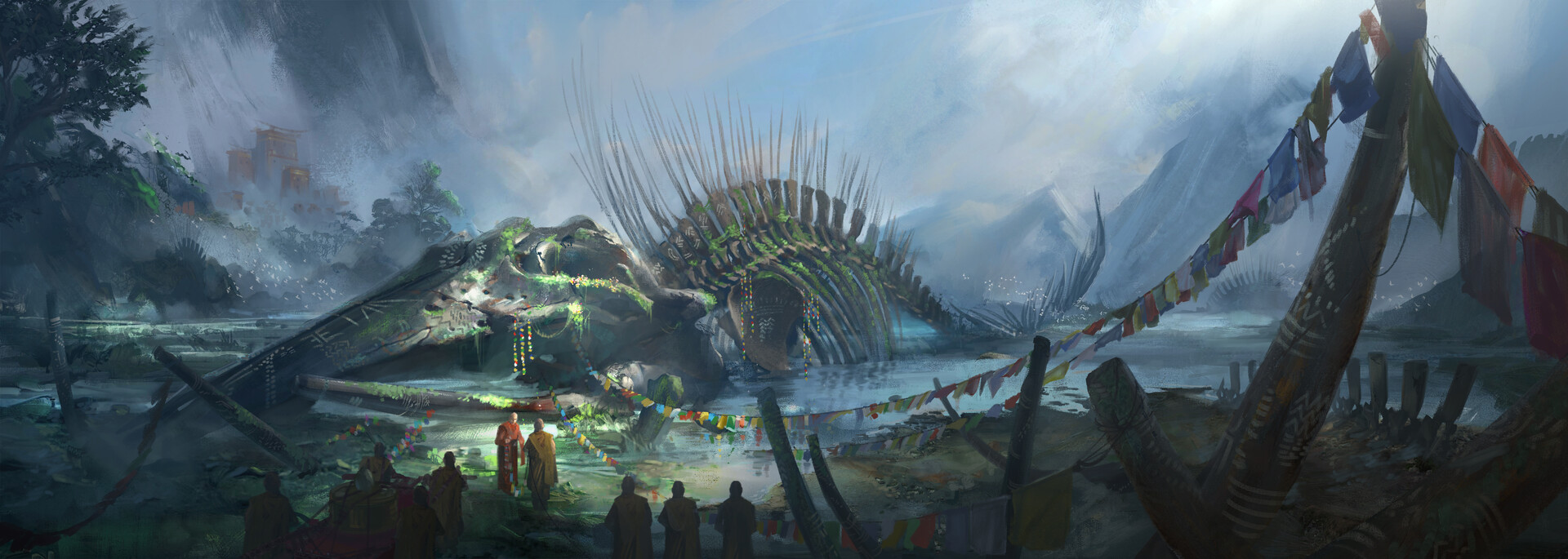 another image from the same artist, showing a great whale skeleton covered in moss and prayer flags